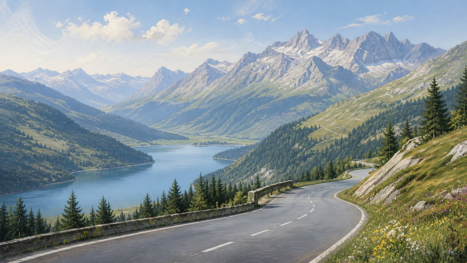 Illustrated Alpine road beside a mountain lake