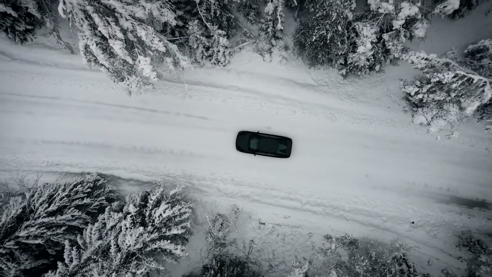A car crossing a snow-covered forest road, seen from above